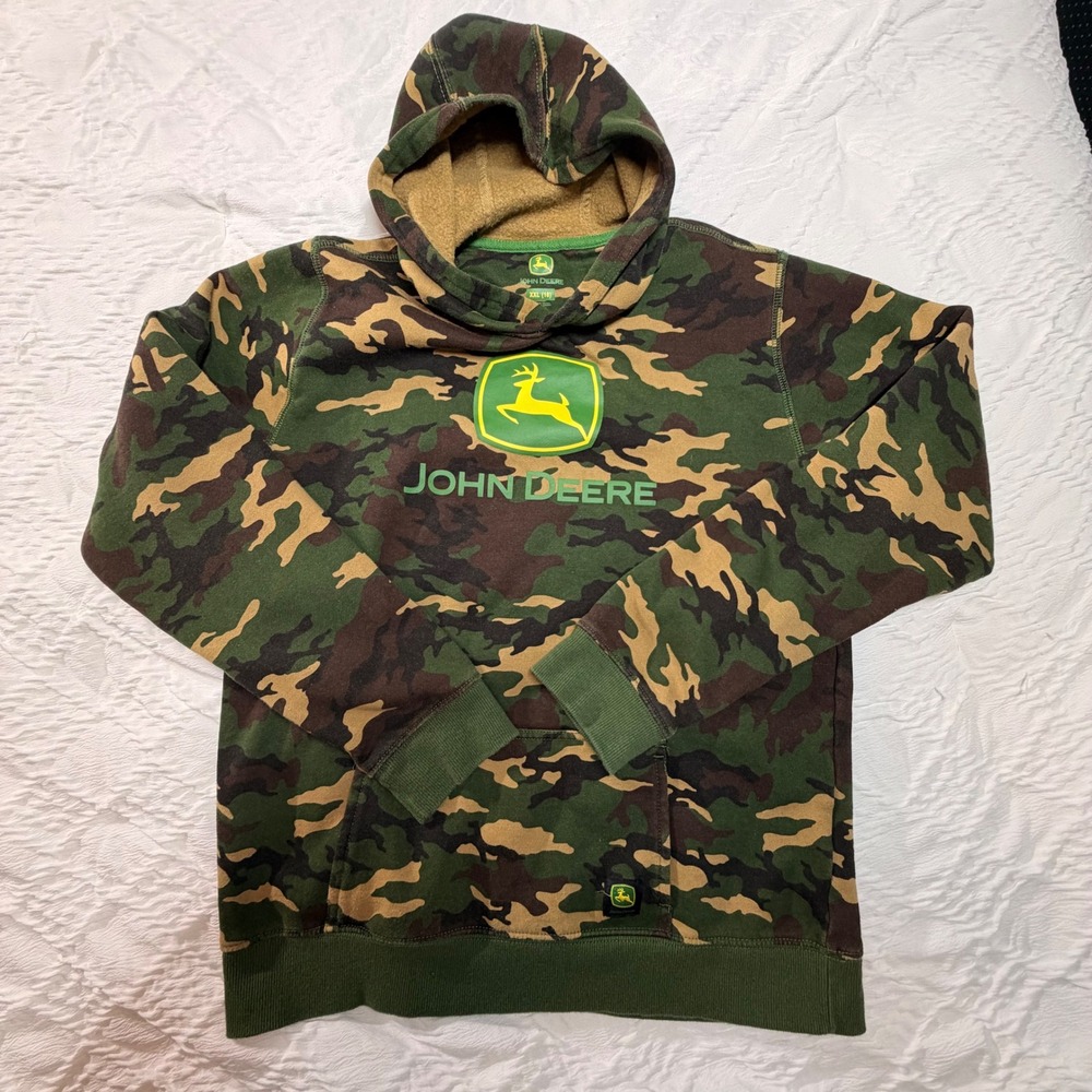 John Deere Boys XXL 18 Camo Hoodie Green Camouflage Fleece Pullover Sweatshirt